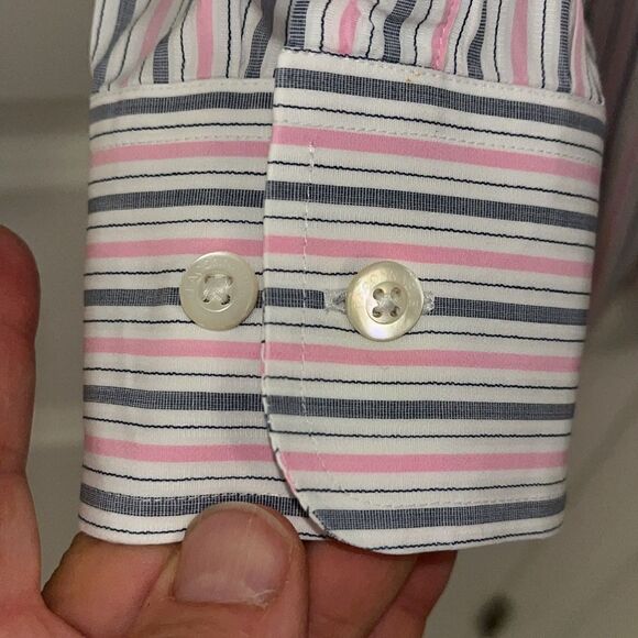 Pink Gray Stripe Faconnable Mens LS Club Chest Pocket Dress shirt 17 x 31 43euro - Picture 4 of 5